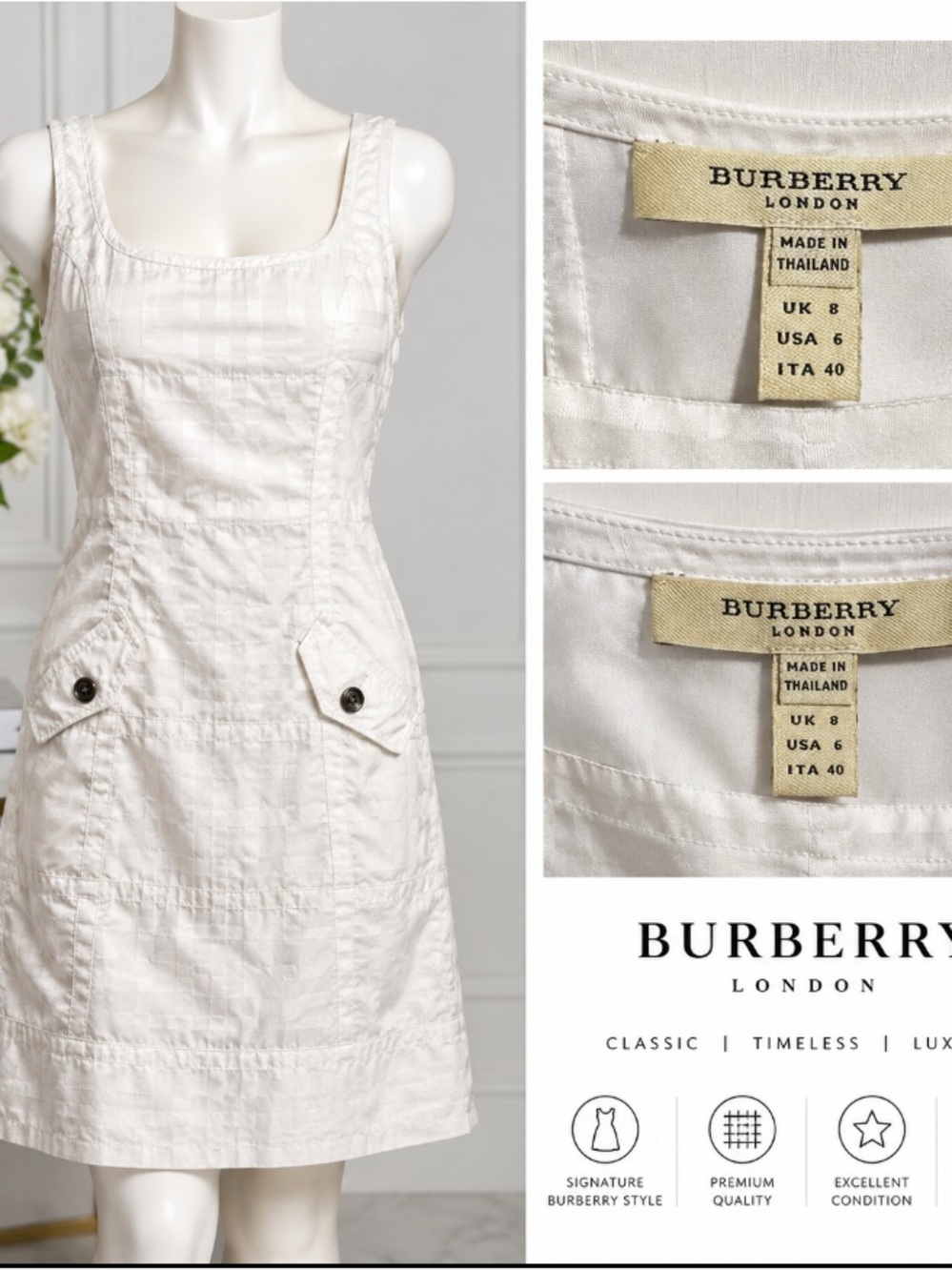 Burberry White Sleeveless Square-Neck Cotton Shift Dress